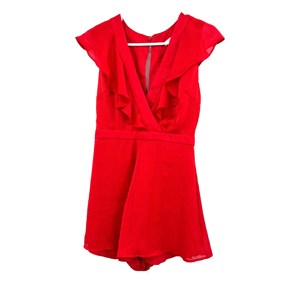 NWT Wayf size small red v neck romper ruffle front and rear zip up rear